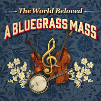 blue background with flowers, banjo, fiddle, trebble clef and string bass